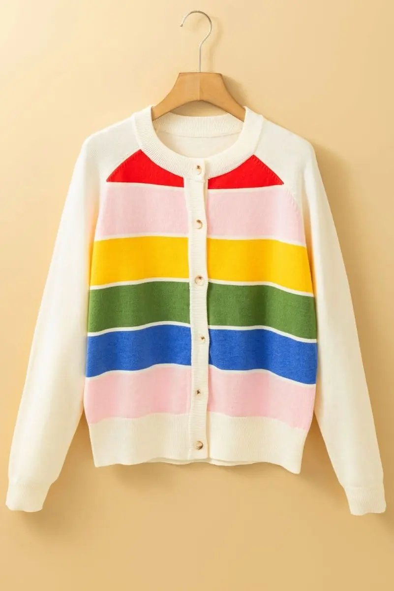 White Stripe Colorful Pattern Button Front Sweater Cardigan - Love Salve